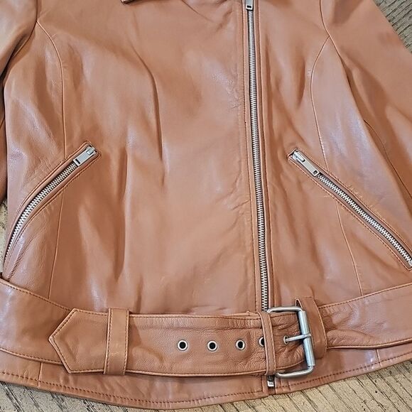 Brown leather moto jacket size L Aqua excellent condition - Picture 3 of 14